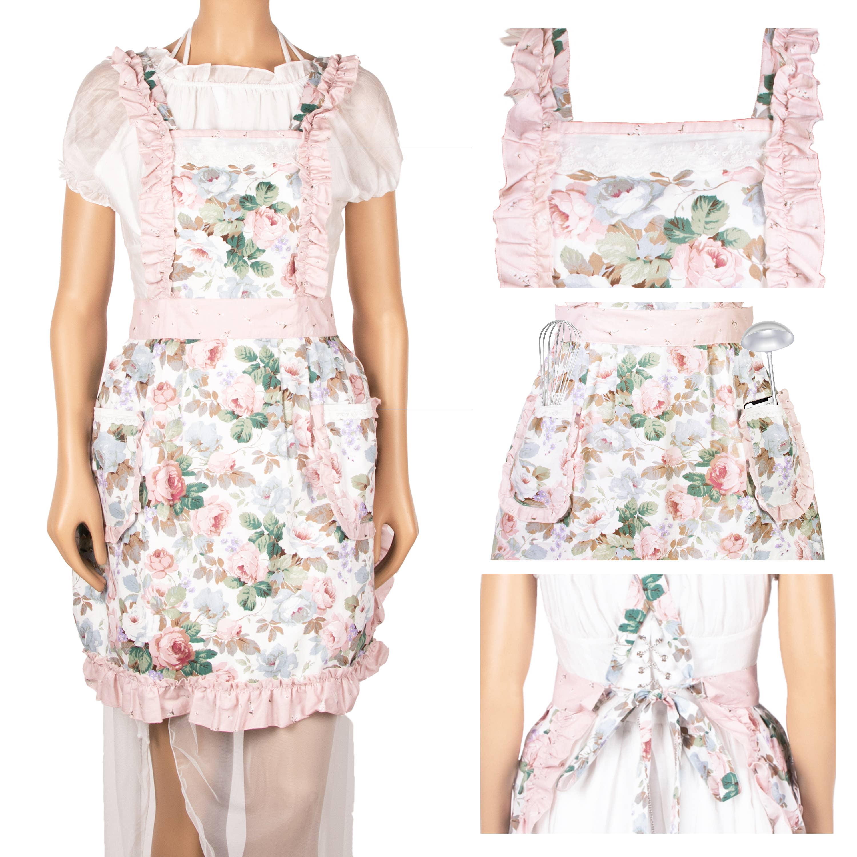 GEXWORLDWIDE - Wholesale Apron - Cute Apron for Women With Pockets White Pink2