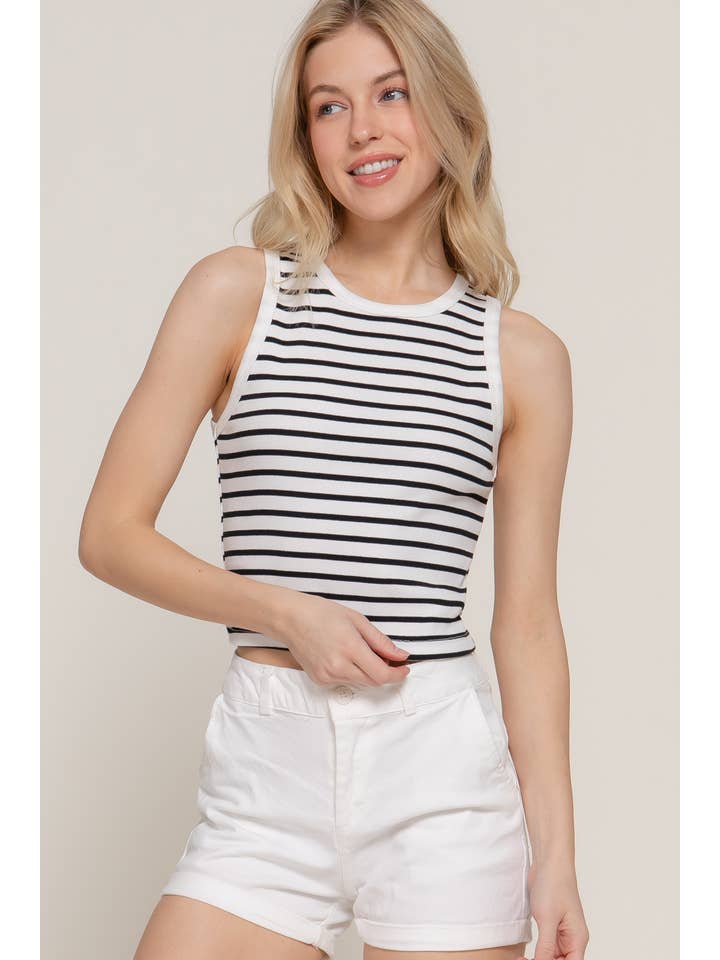 Active Basic | Active USA - Wholesale Tank Top - Women's - Sleeveless Round Neck Stripe Cotton Rib Knit Top