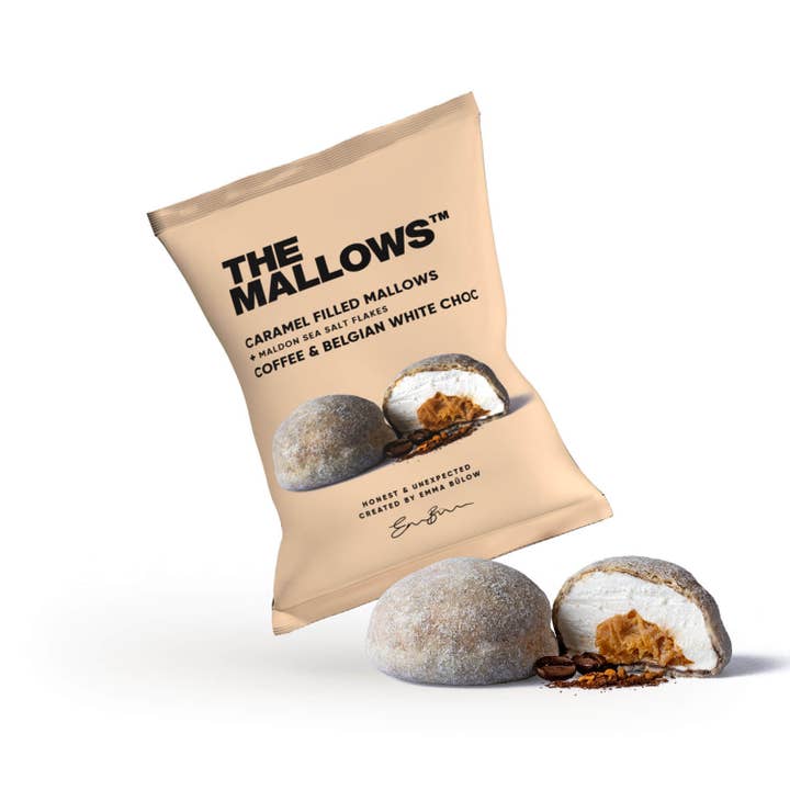 CARAMEL FILLED MALLOWS + COFFEE & BELGIAN WHITE CHOC BOX 16G for wholesale by The Mallows