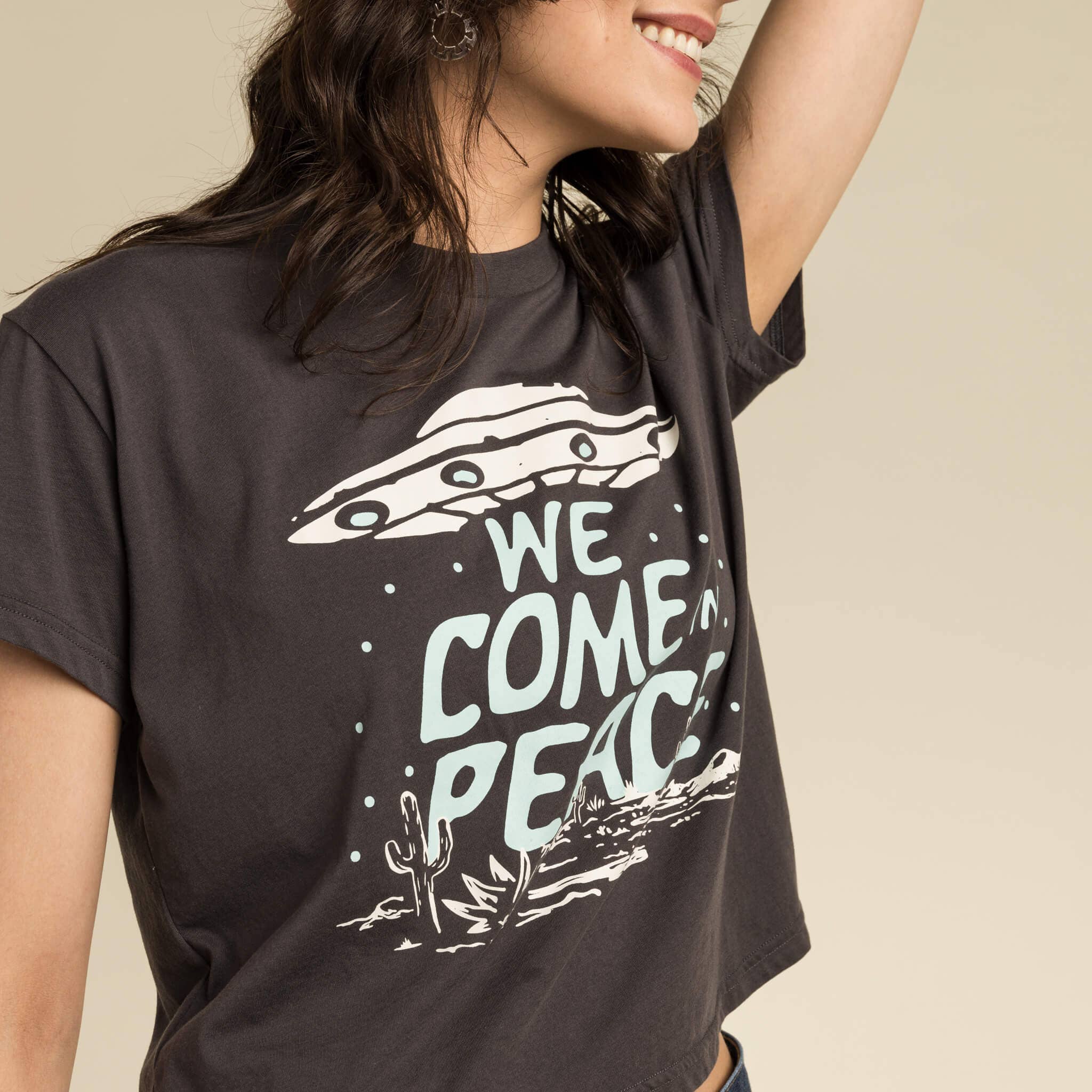 Sendero Provisions Company - Wholesale Screen Printed T-Shirt - Unisex - We Come In Peace Crop Tee3