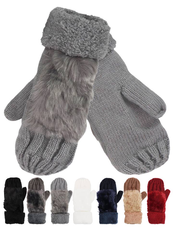 Faux Fur Sherpa Fleece Lined Knitted Mittens for wholesale by Cap Zone