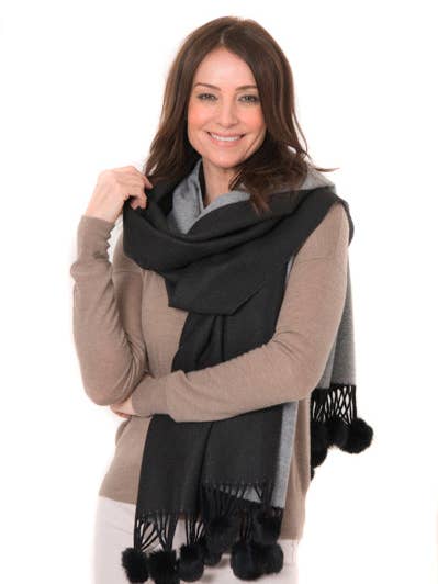 Anna FB95 Two Tone Shawl With Faux Fur Pom Pom Black/Grey for wholesale by Franchetti Bond