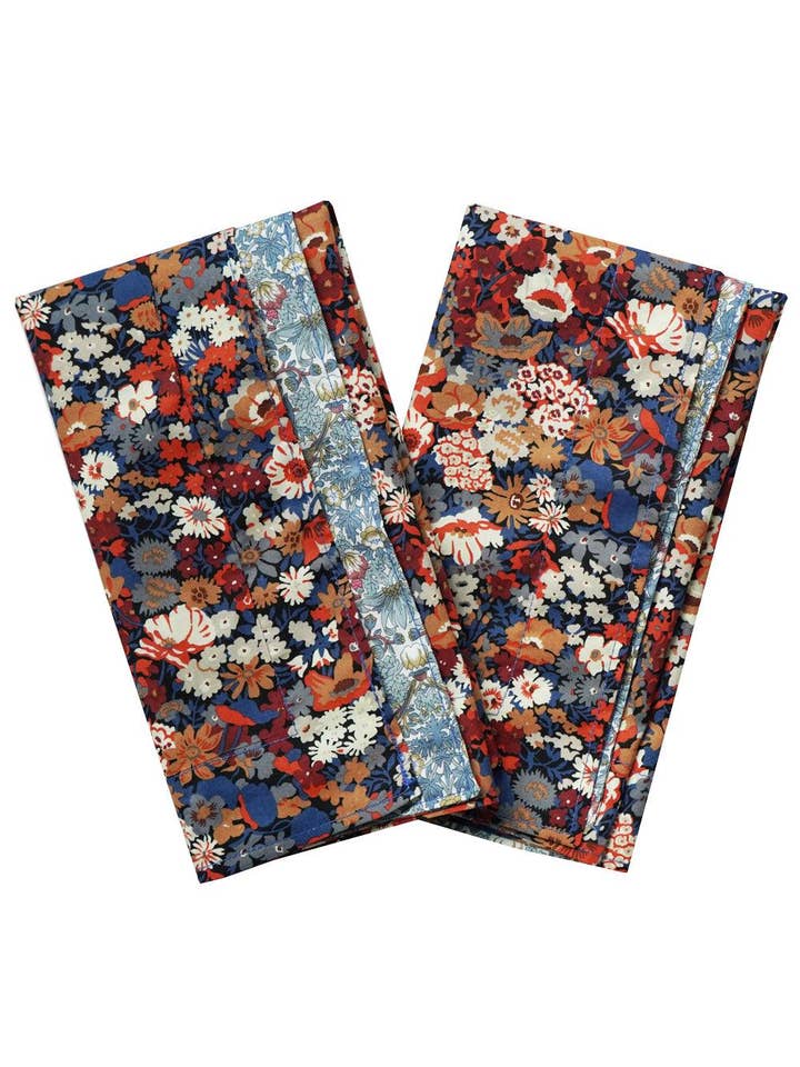 Reversible Wavy Napkin Set made with Liberty Fabric THORPE RUST & STRAWBERRY THIEF SPRING BLUE for wholesale by Coco & Wolf