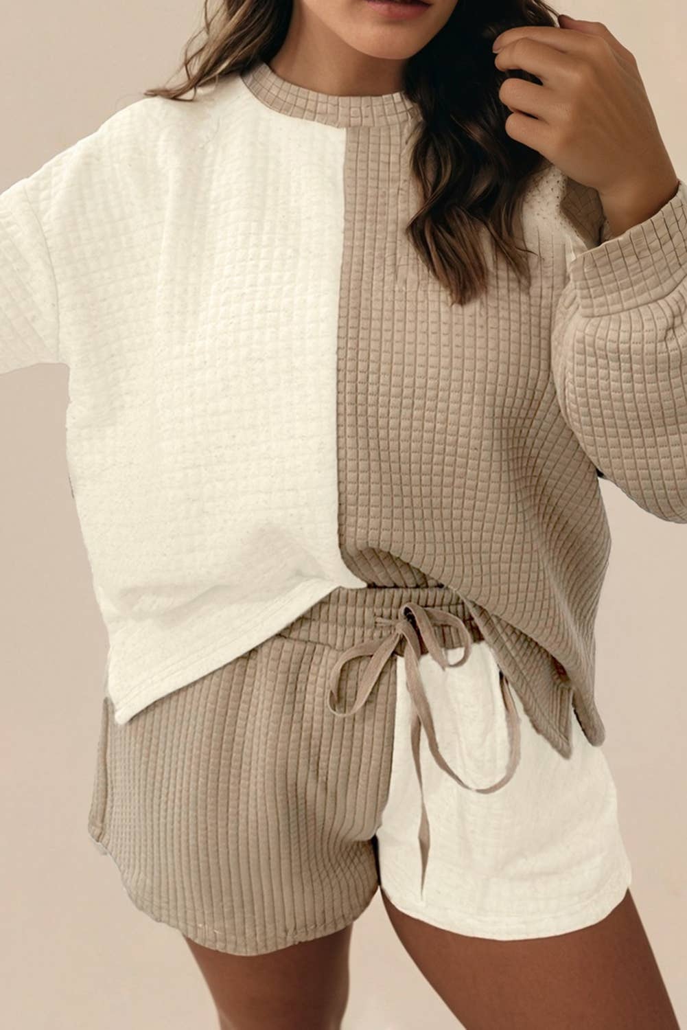Beige Colorblock Patchwork Textured Long Sleeve Top 2pcs Short Set for wholesale on Faire1