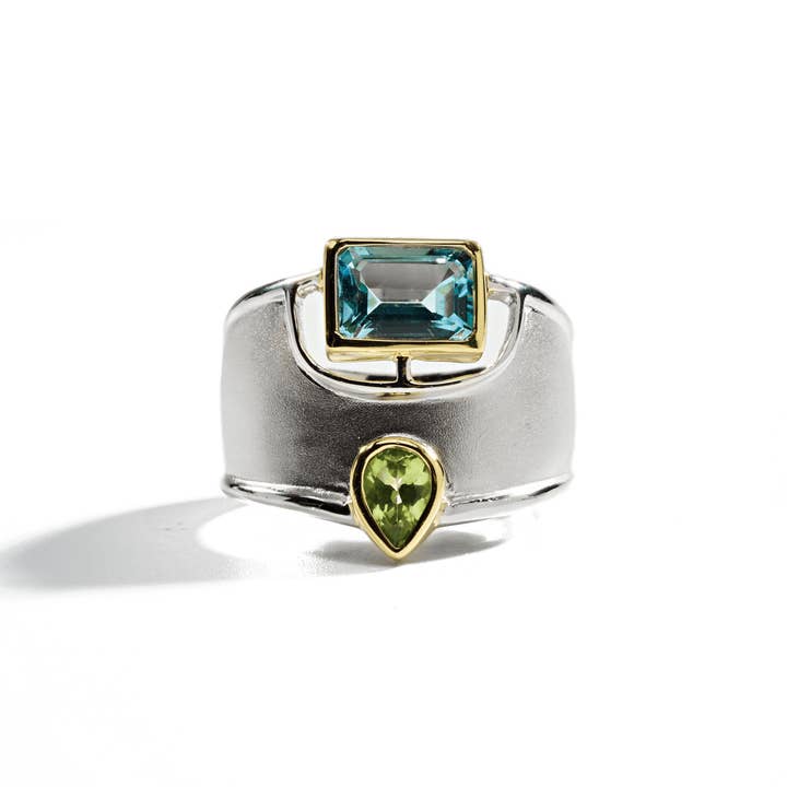 Deko Geometric Design Natural Blue Topaz and Peridot Ring in Sterling Silver (18K Gold and White Rhodium-Plated) for wholesale by German Kabirski