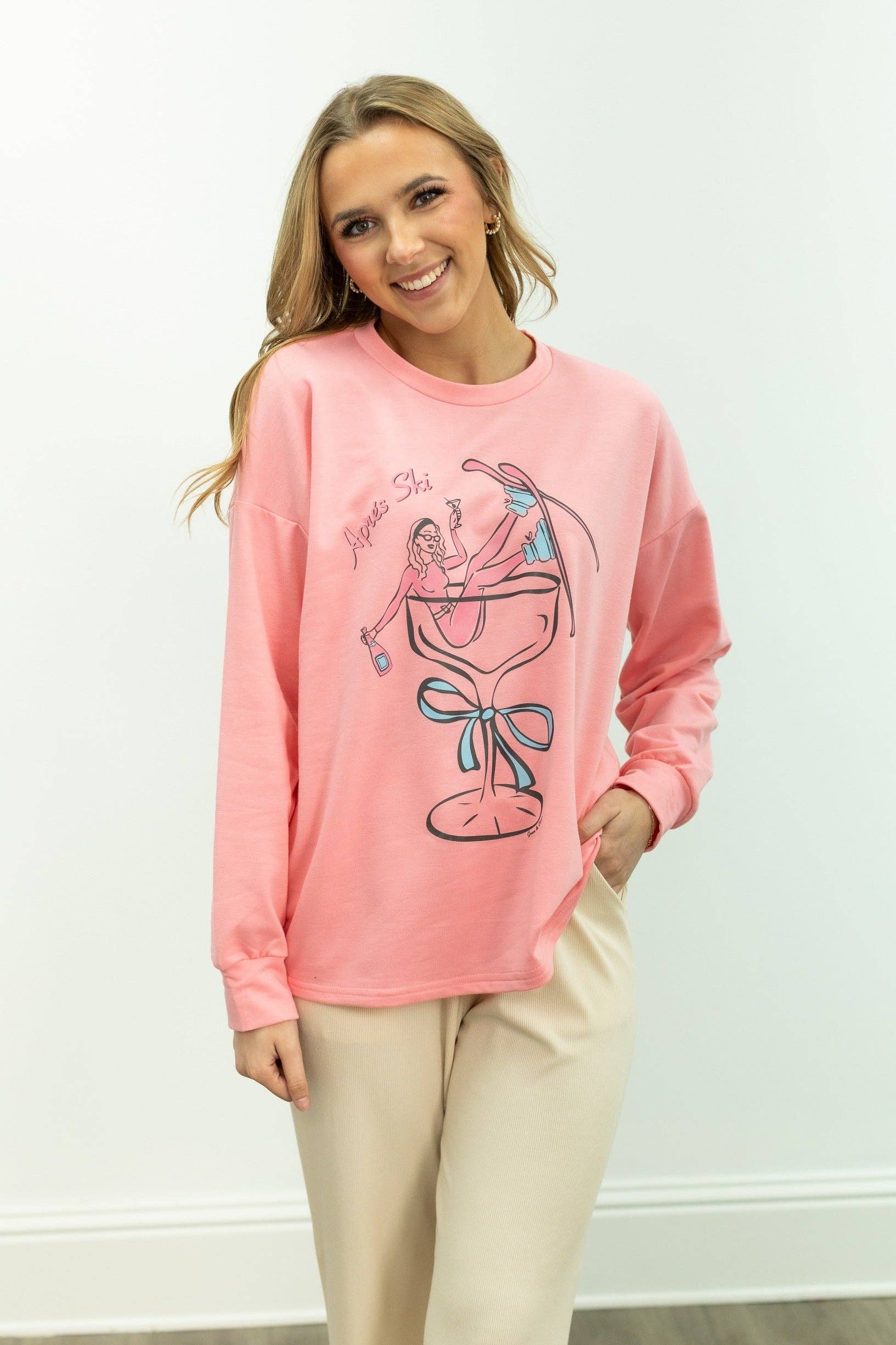 Apres Ski on Light Weight Sweatshirt, Pink for wholesale on Faire4