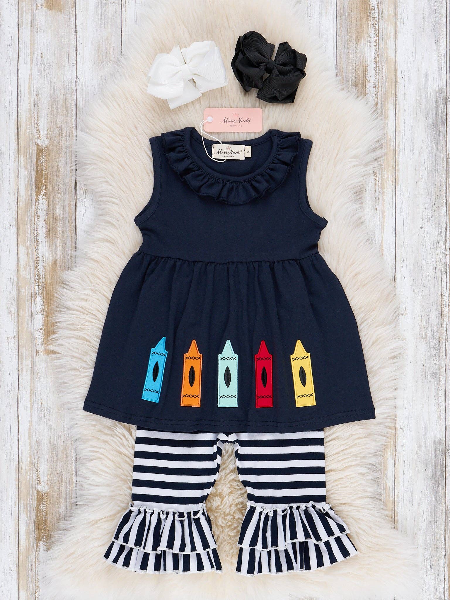 Marie Nicole Clothing - Wholesale Top & Pant Set - Kids - Crayons & Stripes Ruffle Outfit0