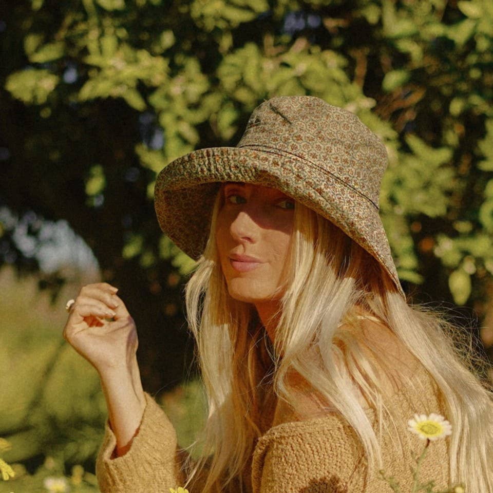 Blue Corduroy - Wholesale Bucket Hat - Women's - Cotton Wide Brim Sun Hat with Tie - Sage Floral0