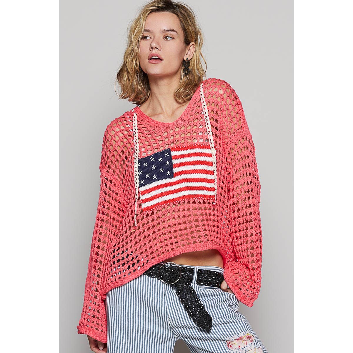 Apolline - Wholesale Knit Sweater - Women's - V Neck American Flag Hoodie Sweater Patriotic Cozy and Styli14