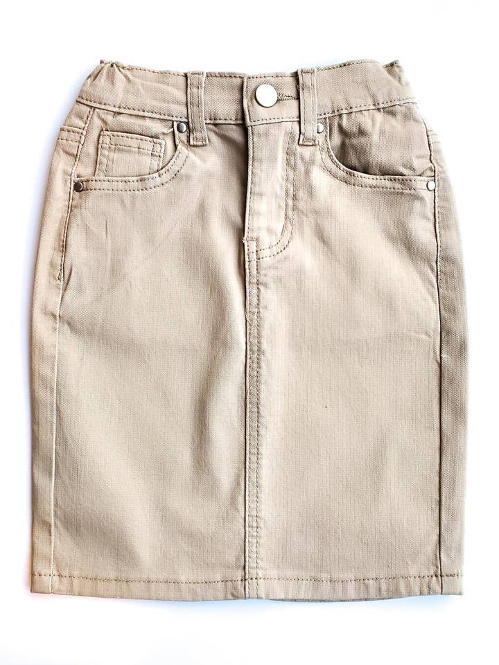 PIGER Lt. Khaki Denim Nederdel m/ Elastisk Taljebånd for engroshandel hos Jupe De Abby