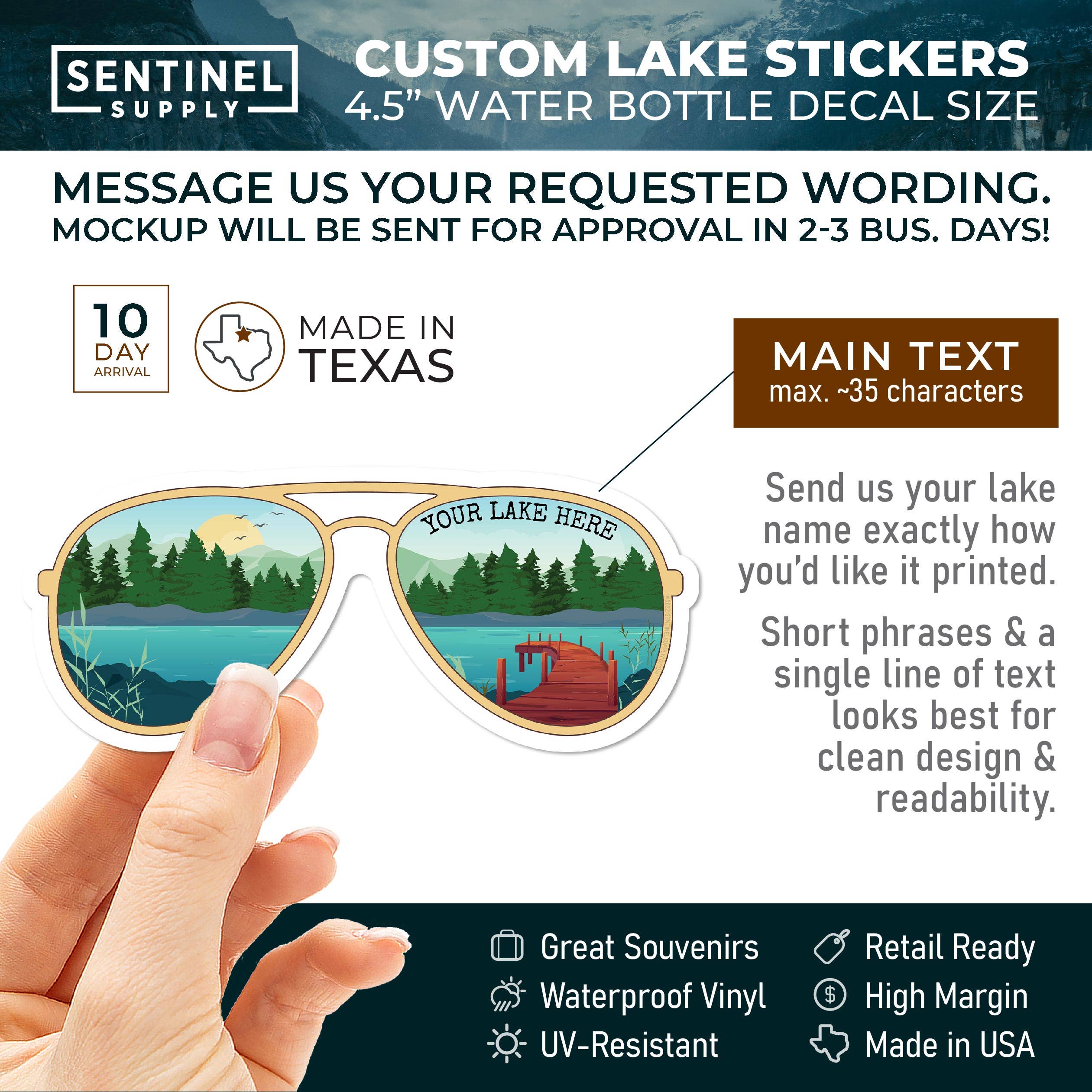 Sentinel Supply - Wholesale Sticker - Custom Lake Sunglasses Sticker - Name Drop Nature Decal1