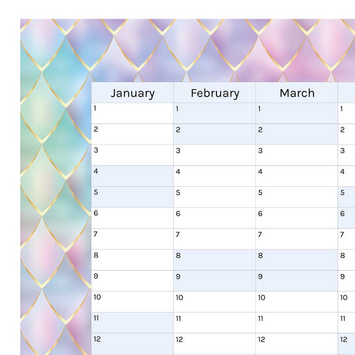 Vertical 2025 Paper Wall Planner | Mermaid Tail for wholesale by Journal Junkies