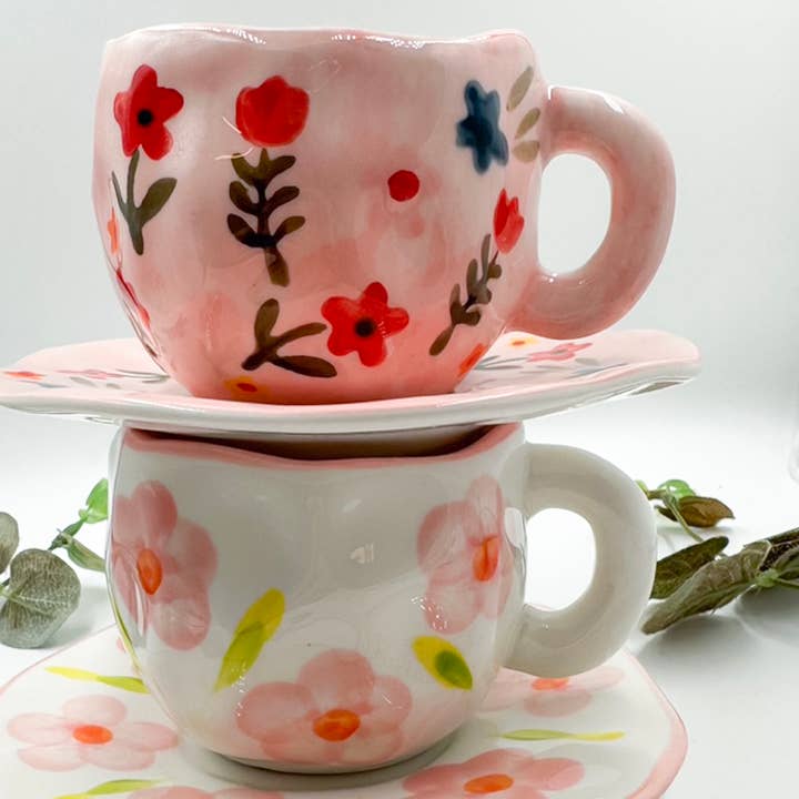 Chow's Stories – wholesale Coffee mug – Pink flower ceramic mug and saucer, Folk hand painted mug3