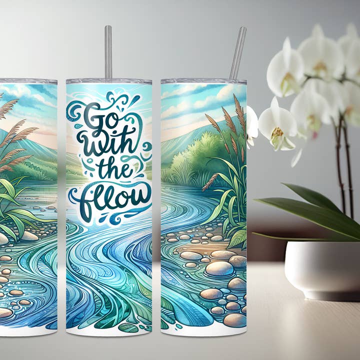 Emballage pour gobelet aquarelle Go With the Flow | Serene River 20 oz pour la vente par Bumbletwist