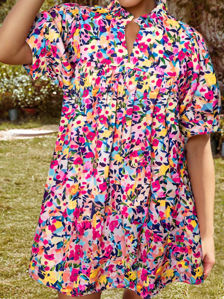 Fashion-W Floral Puff Short Sleeve V Neck Mini Dress for wholesale by fashionworks