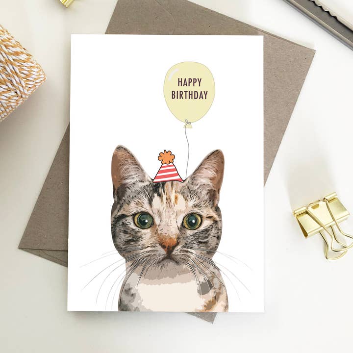 Happy Birthday Domestic Shorthair with balloon Cards for wholesale by My Lovely Pets Design