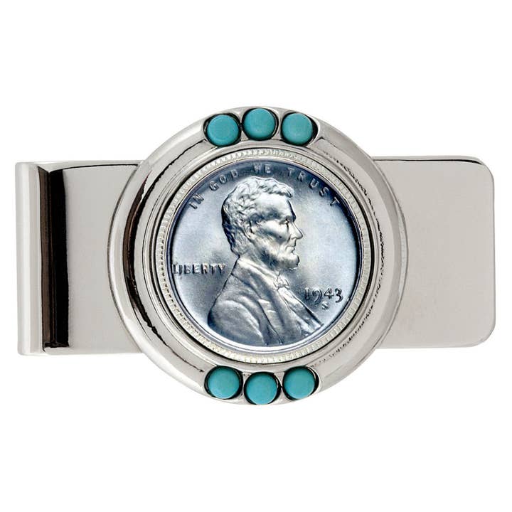 1943 Lincoln Steel Penny Turquoise Coin Money Clip for wholesale by American Coin Treasures