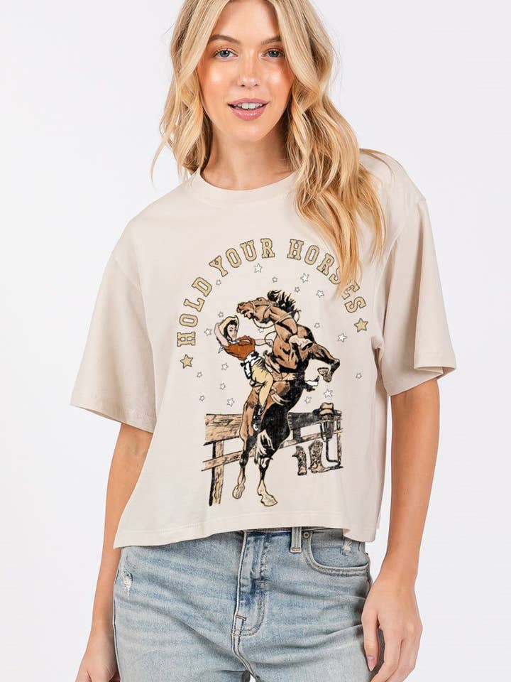 Hold Your Horses Graphic S/S Relaxed Faux Crop Tee for wholesale by Zutter