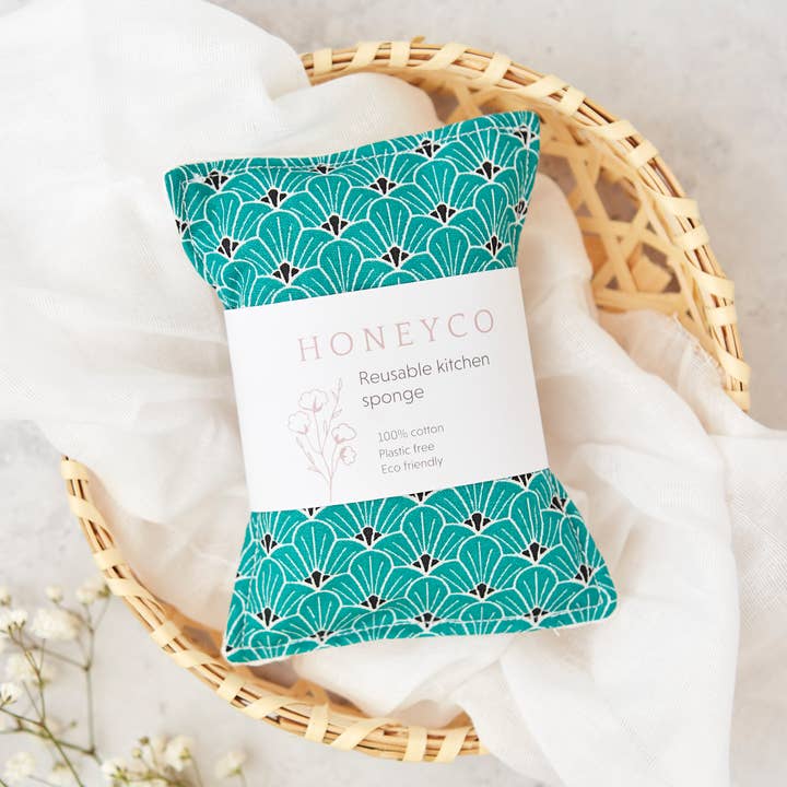 Reusable kitchen sponge - eco friendly - teal fan for wholesale by honeyco