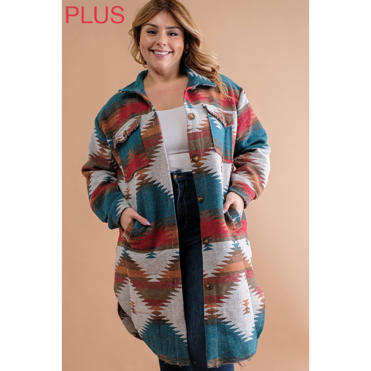 Sweet Generis - Wholesale Shirt Jacket/Shacket - Women's - PLUS LONG TRIBAL AZTEC BUTTON DOWN SHIRT JACKET SHACKET6