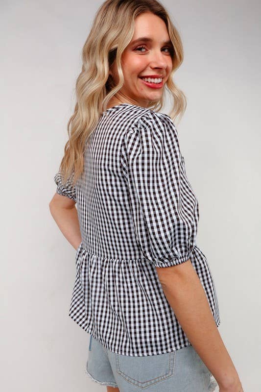 NOIR/BLANC Haut à manches courtes vichy babydoll à ruban en vente sur Faire5