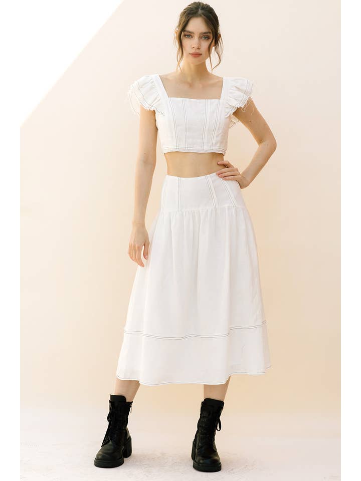 White JS3926- Monochromatic Stitched Detail Maxi Skirt for wholesale on Faire