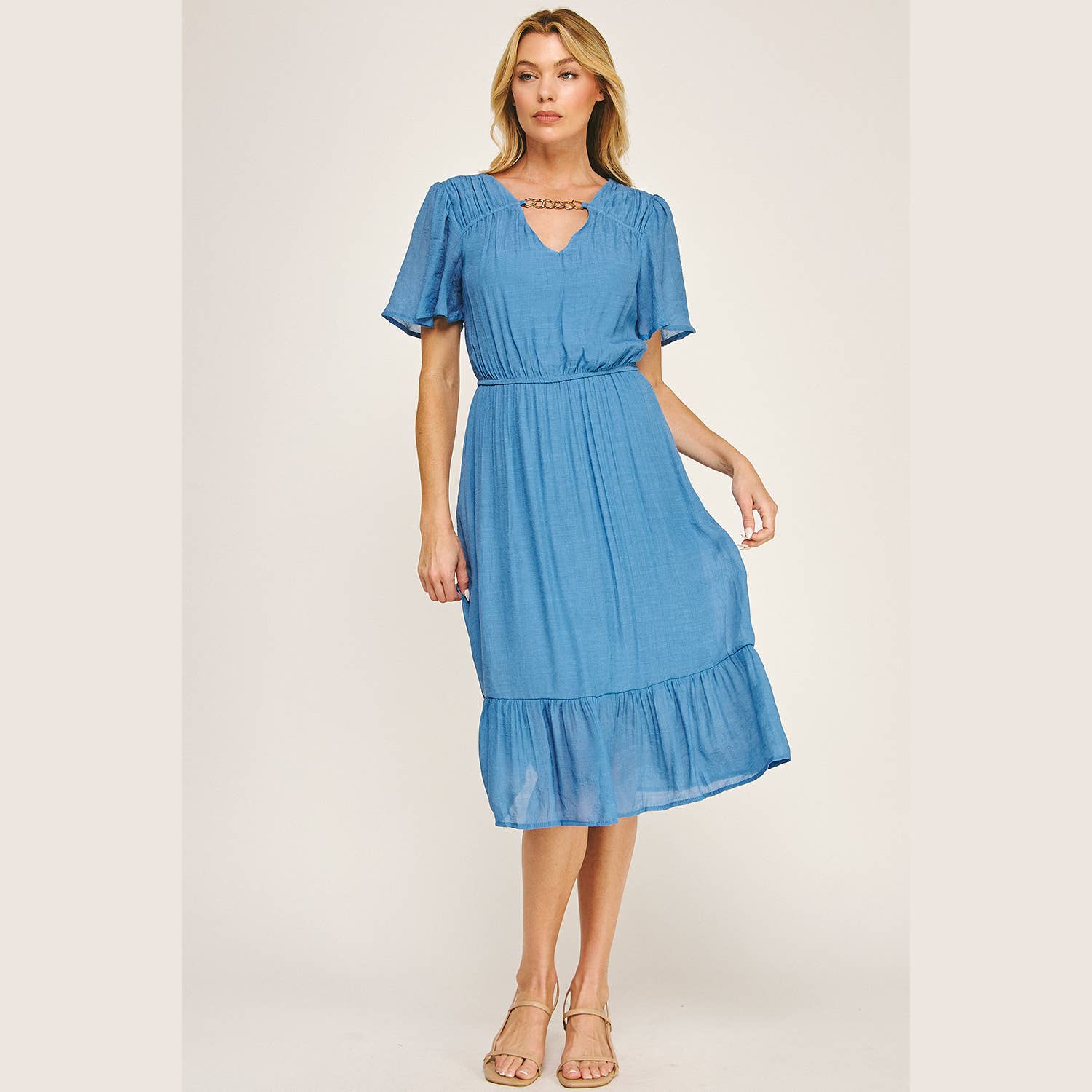 Winslow Collection - Wholesale Dress - Women's - FLUTTER SLEEVE NECKLACE DETAIL PRINTED MIDI DRESS1