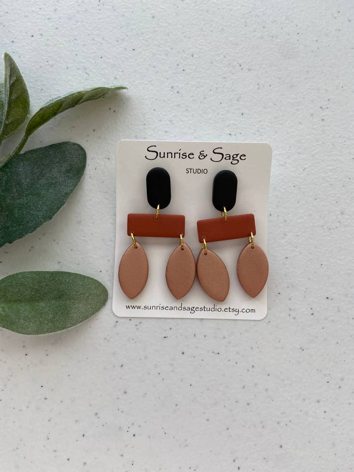 Black, Copper, Rust Clay Dangle Earrings for wholesale by Sunrise and Sage Studio
