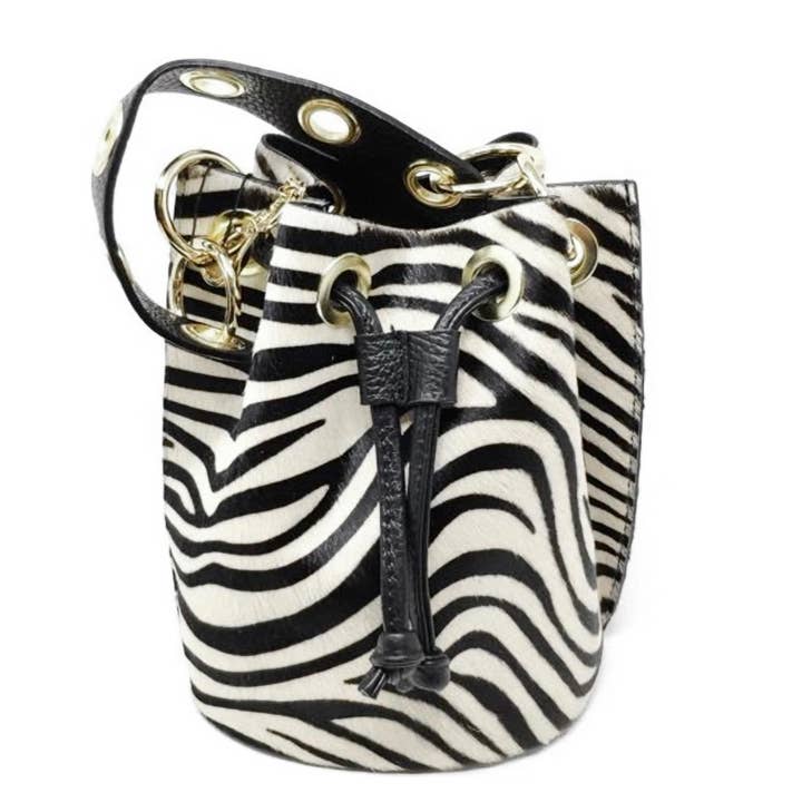 MODARNO - Vendita all'ingrosso Tracolla - Donna - Modarno Borsetta a secchiello con dettagli circolari Cavallino 17x16x20cm