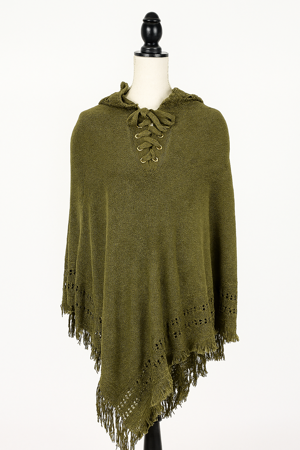 Fennco Styles – wholesale Poncho – Women's – Olive Green Fringed Lace Up Hooded Pullover Poncho 2