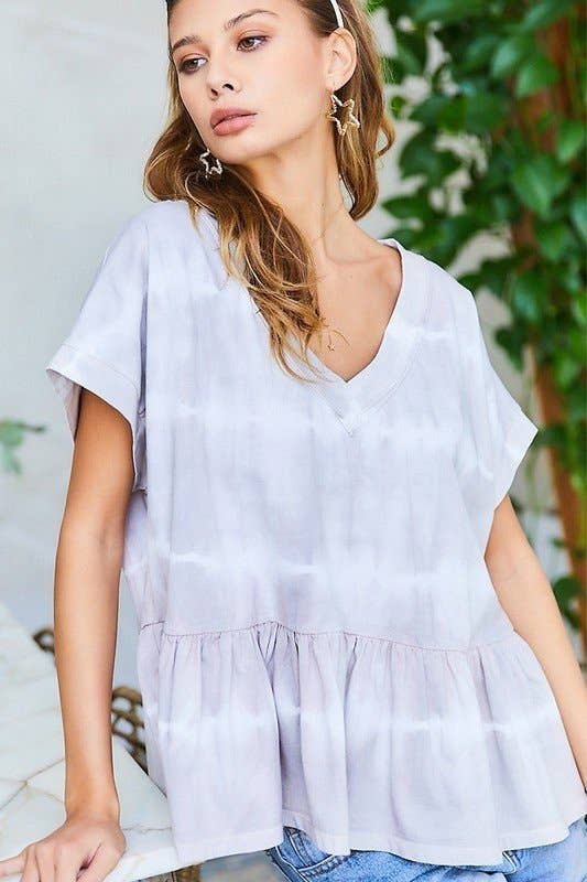 GREY V Neck Drop Shoulder Baby Doll Tie-Dye Top for wholesale on Faire13