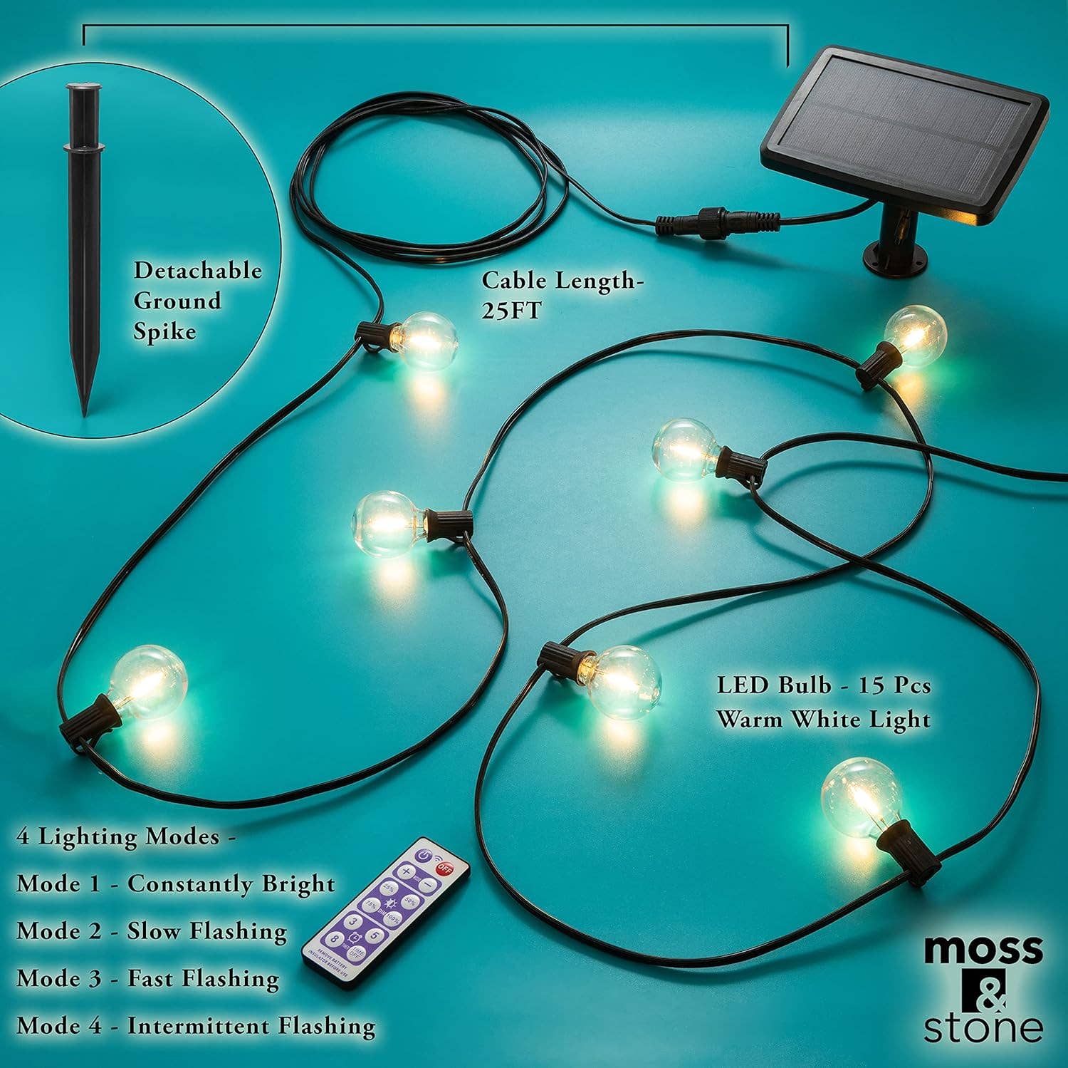 Moss & Stone - Wholesale Outdoor/lawn light - Solar Outdoor String Lights 25 Ft with 15 Edison Bulbs, Outdoor Lights for Patio LED Bulb G40 Warm White Light, Waterproof for Christmas Party, Garden Porch Deck, USB Charging3