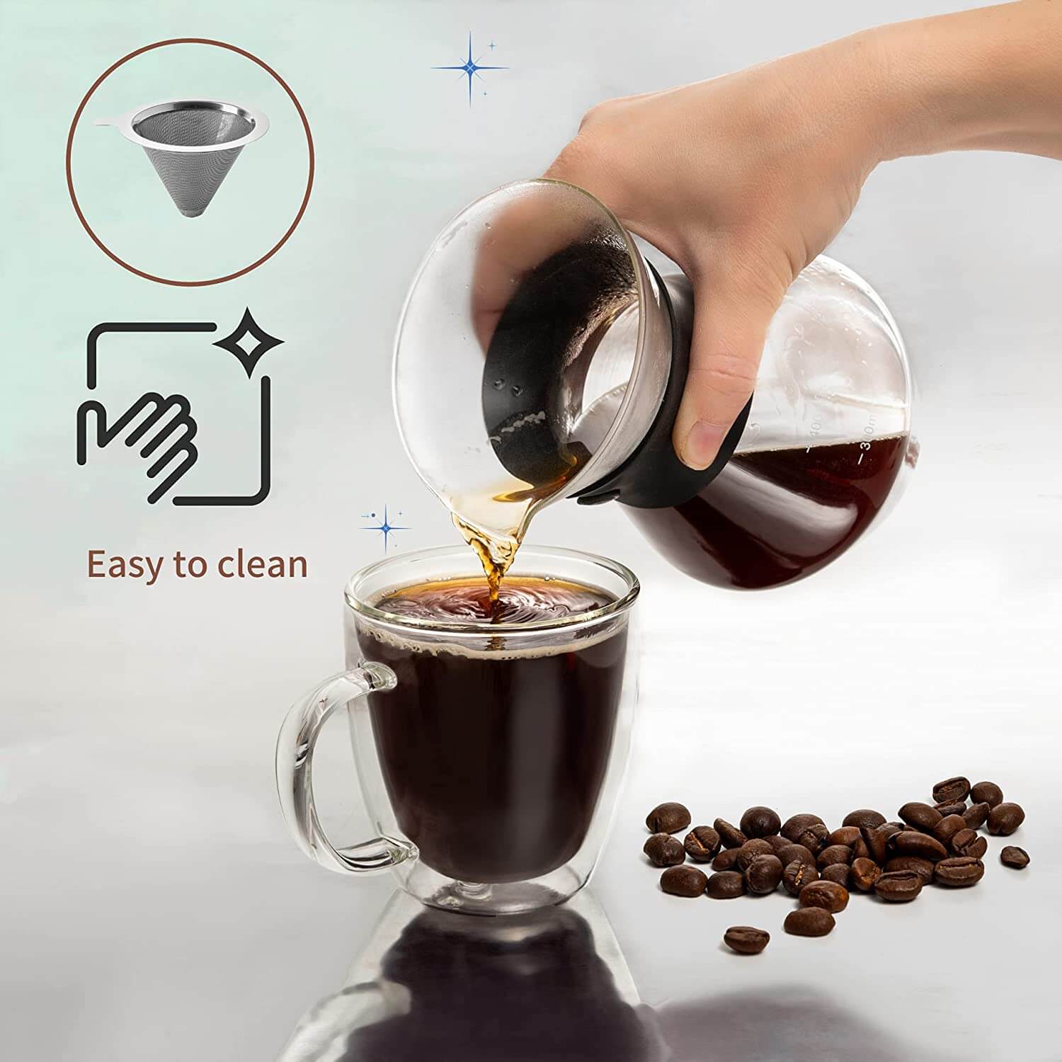 Mixpresso - Wholesale Pour Over & Dripper - Mixpresso Pour Over Coffee Maker Set Glass Carafe Borosilicate White Protective Silicone Sleeve, Pour Over Coffee Dripper Brewer With Double-layer Stainless Steel Filter 13.5 Oz4