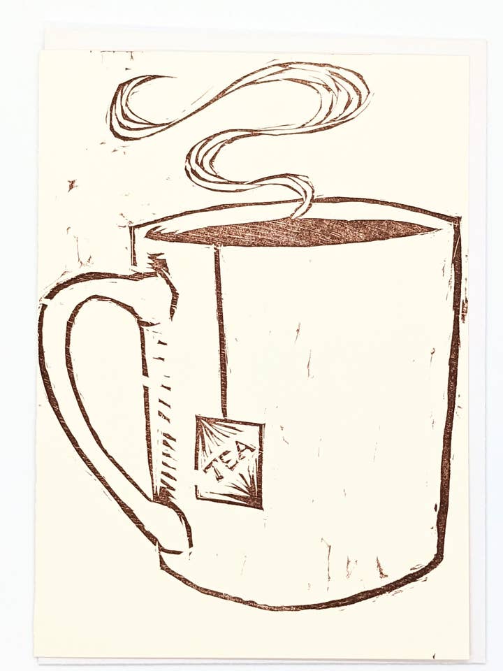 Tea - Original Wood Block Printed Card for wholesale by Wingedprints