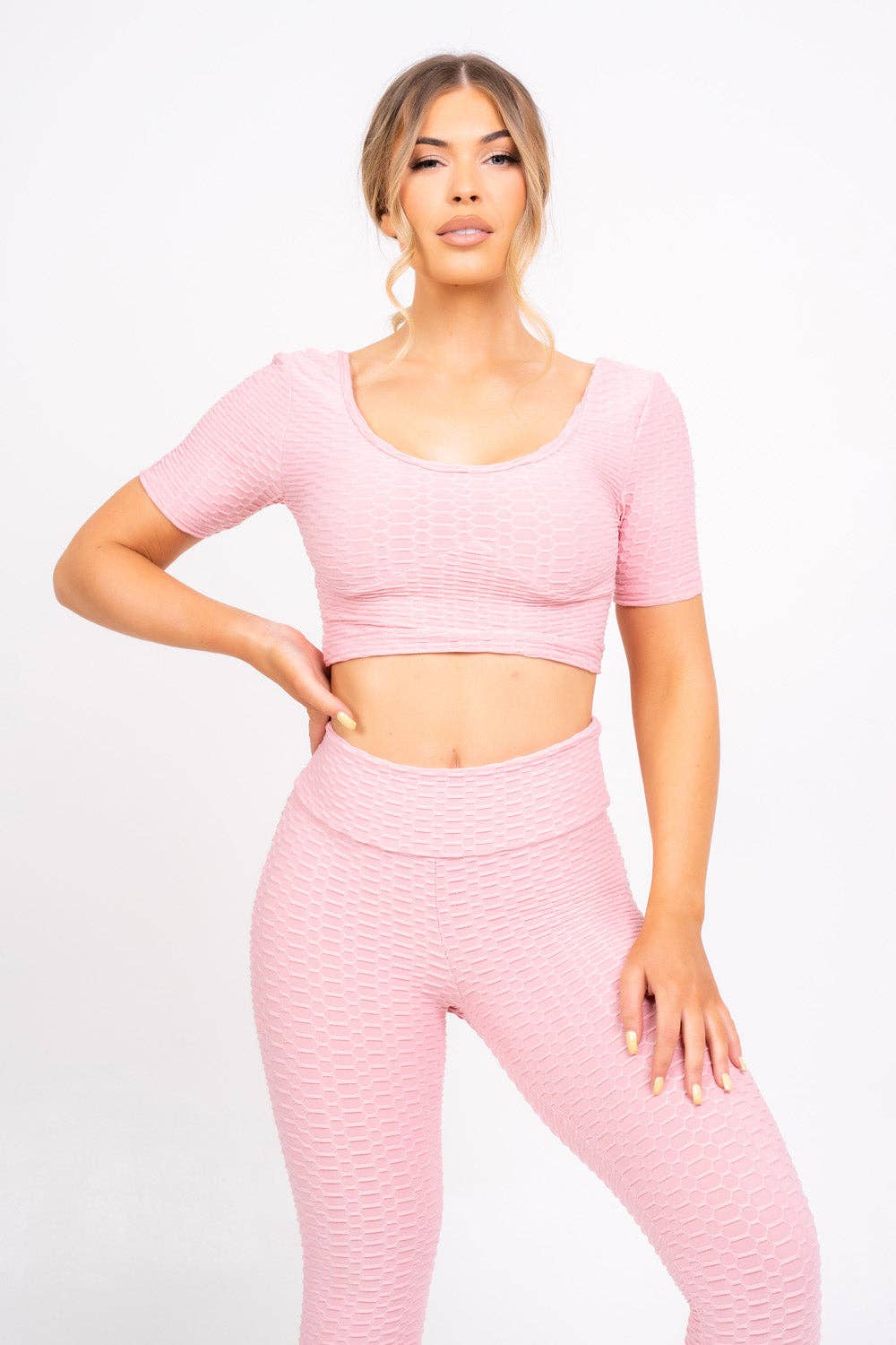 Nazz Collection Clothing Ltd – wholesale Athletic/lounge leggings – Women's – Dion Blush Pink Honeycomb Sports Cropped Top & leggings Co-ord Fitness Set6