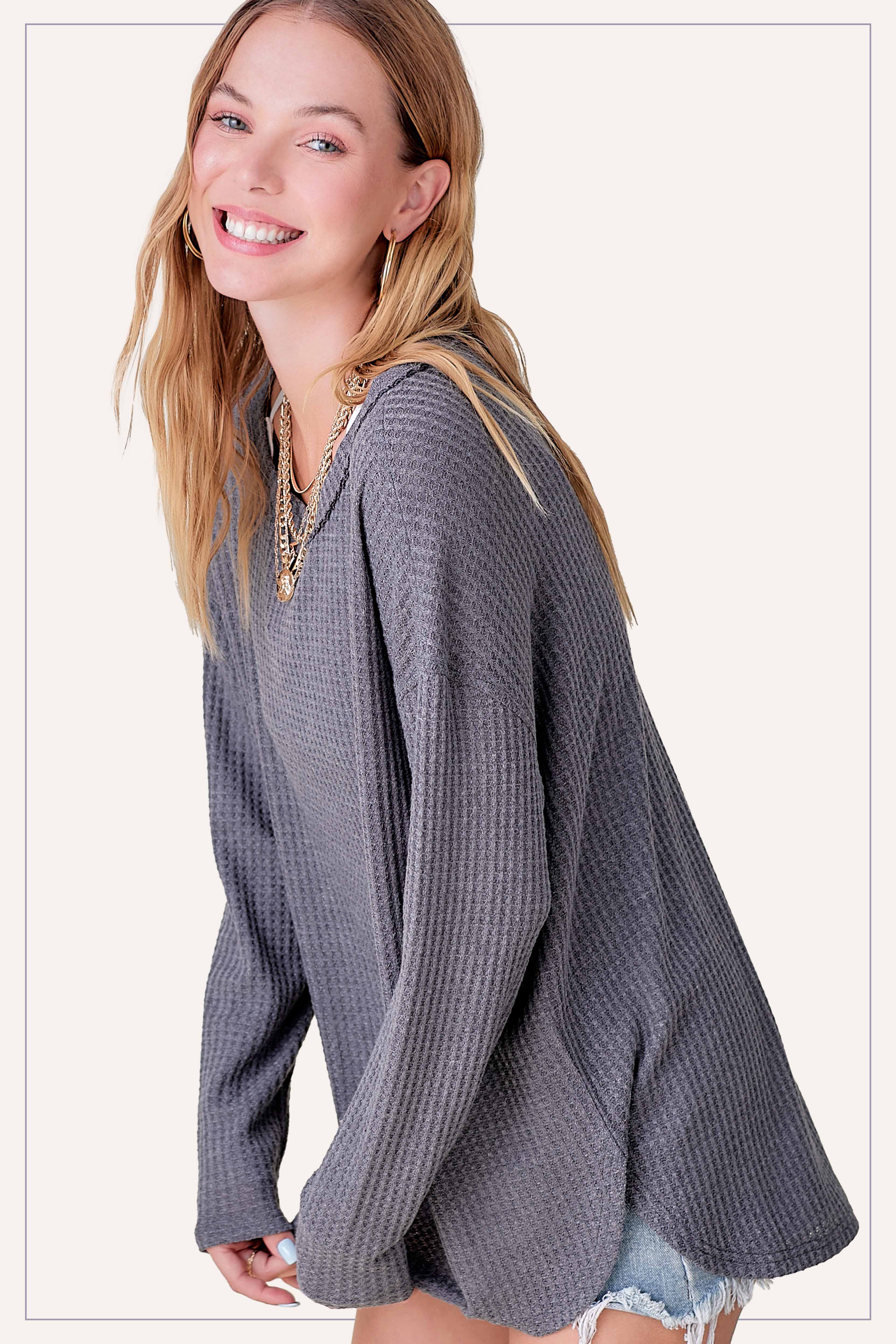 La Miel - Wholesale Tunic - Women's - HAT7566-Brushed Waffle Fabric Loose Fit Long Sleeve Top7