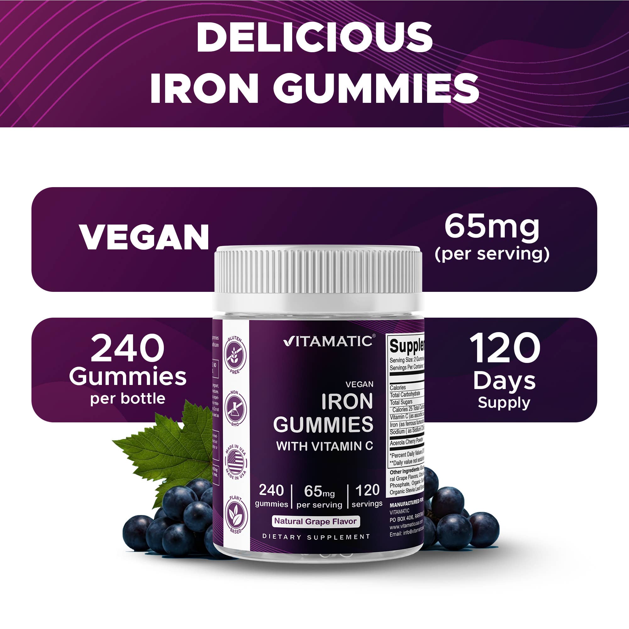 Vitamatic - Wholesale Oral Supplement/Vitamin - Vitamatic| Iron 65 mg Gummies Supplement | 240 Vegan Gummies5