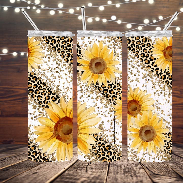 Sonnenblumen & Leopard 20oz Schlanker Becher für den Großhandel von Dogwood Graphics & Design