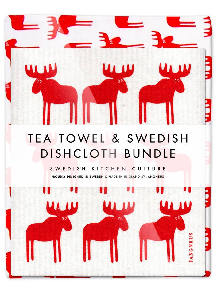 Ensemble de torchons et torchons suédois, Moose, rouge pour la vente par Esthetic Living