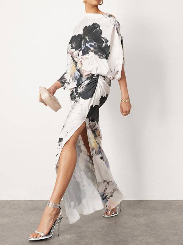 GRIS Vestidos de noche de un solo hombro con mangas murciélago sueltas asimétricas estampadas con flores y abertura lateral. de venta al por mayor en Faire0