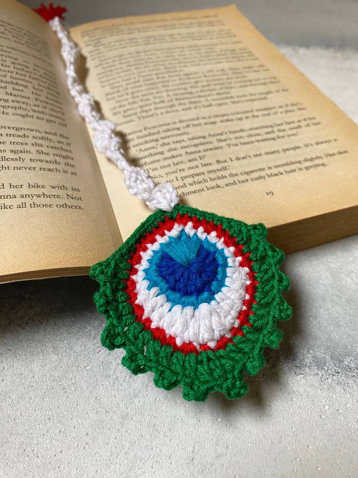 Handmade Peacock Feather Crochet Bookmark with Tassel for wholesale by Honey Art and Nature