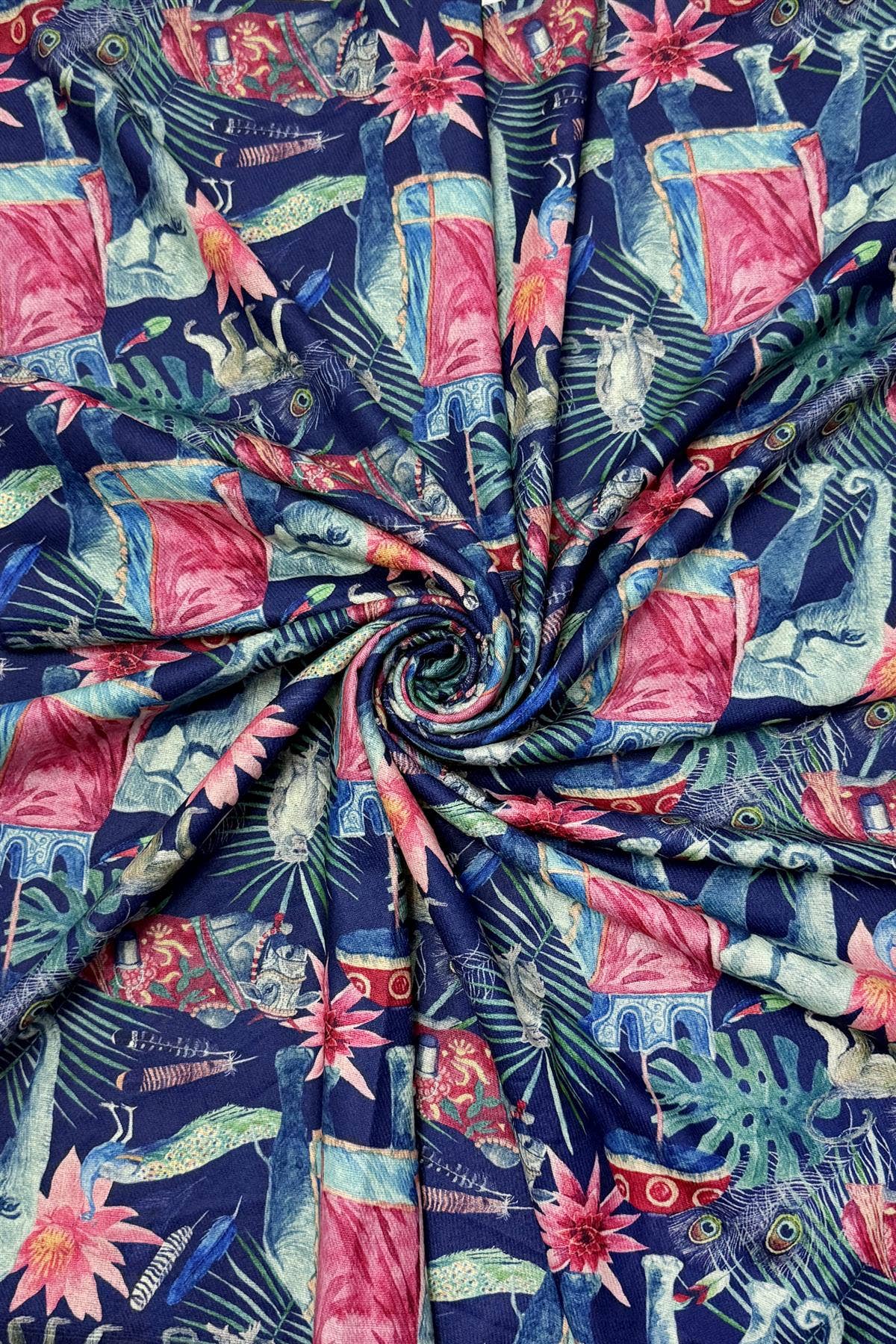 Navy Blue Vintage Indian Elephant & Floral Print Wool Frayed Scarf for wholesale on Faire3