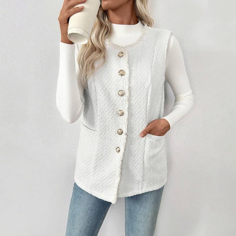 Blanc Gilet Élégant en Tweed pour Femme Blanc Sans Manches en vente sur Faire3