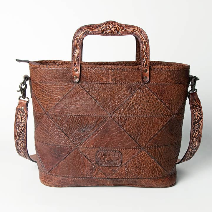 LS Western - Wholesale Tote Bag - Women's - LC-ADBGZ491 Patchwork Embossed Brown Leather Tote Bag - Tooled Handle & Strap Western Satchel3