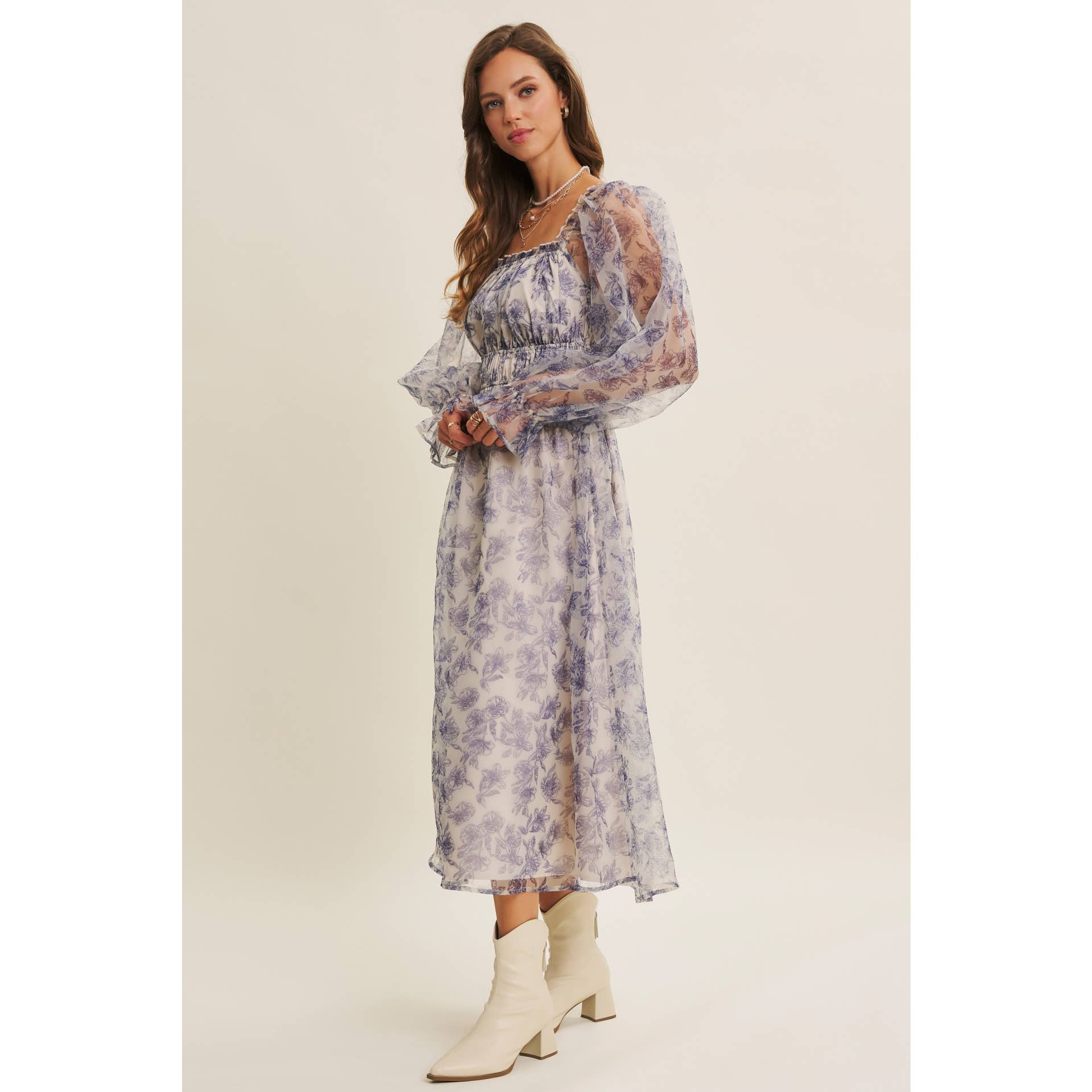 in february - Wholesale Jurk - Dames - ETHERISCHE ELEGANTIE BLOEMIGE ORGANZA MIDI-JURK MET ELASTISCHE TAILLE10