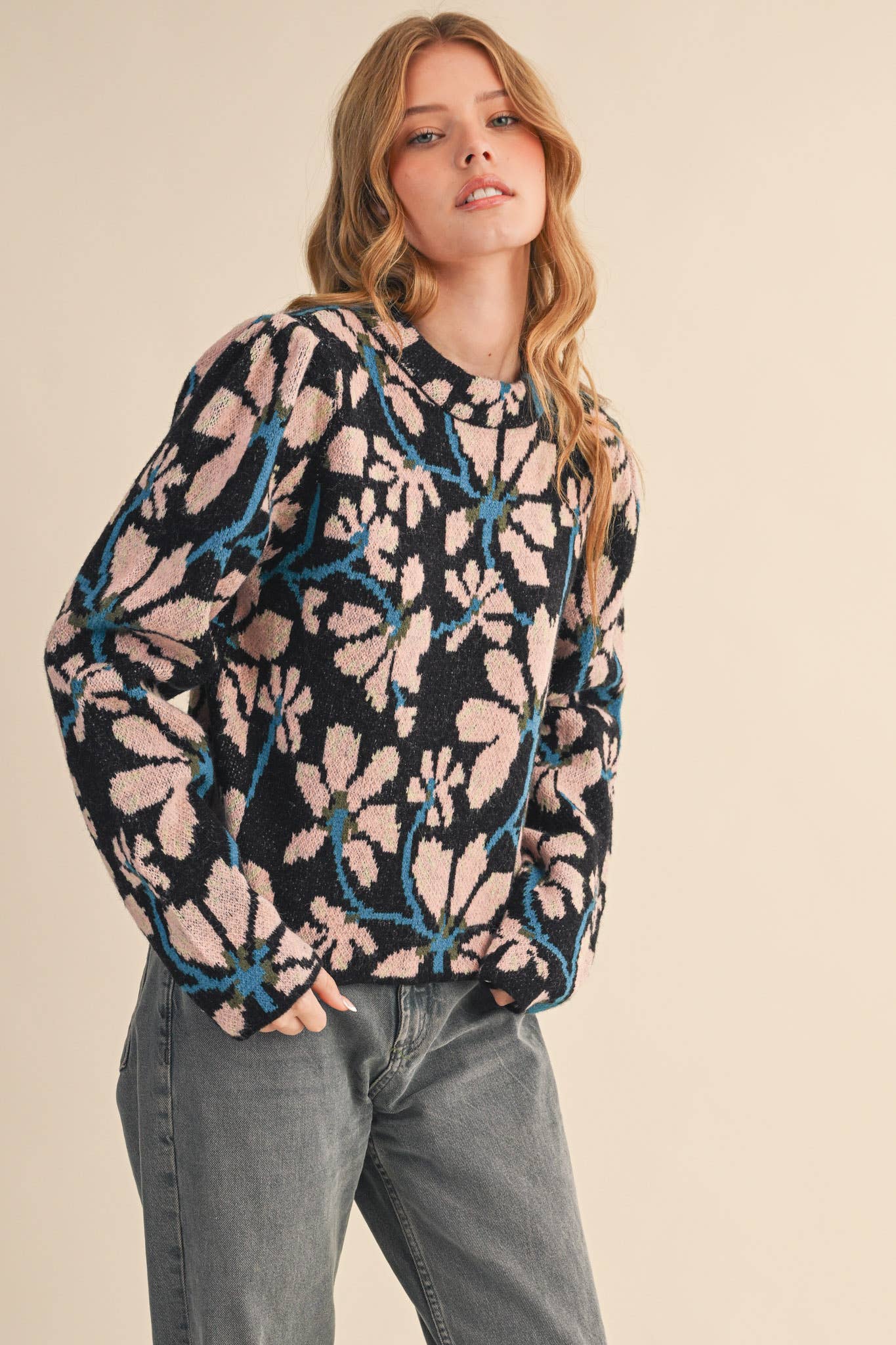 &MERCI - Wholesale Knit Sweater - Women's - FLORAL MOCK NECK SWEATER MSW1110116