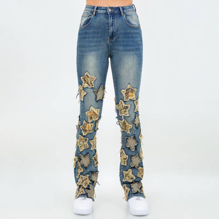 PLUS SIZE STAR PATCH MINI FLARE JEANS-ABWH-1021P for wholesale by American Bazi