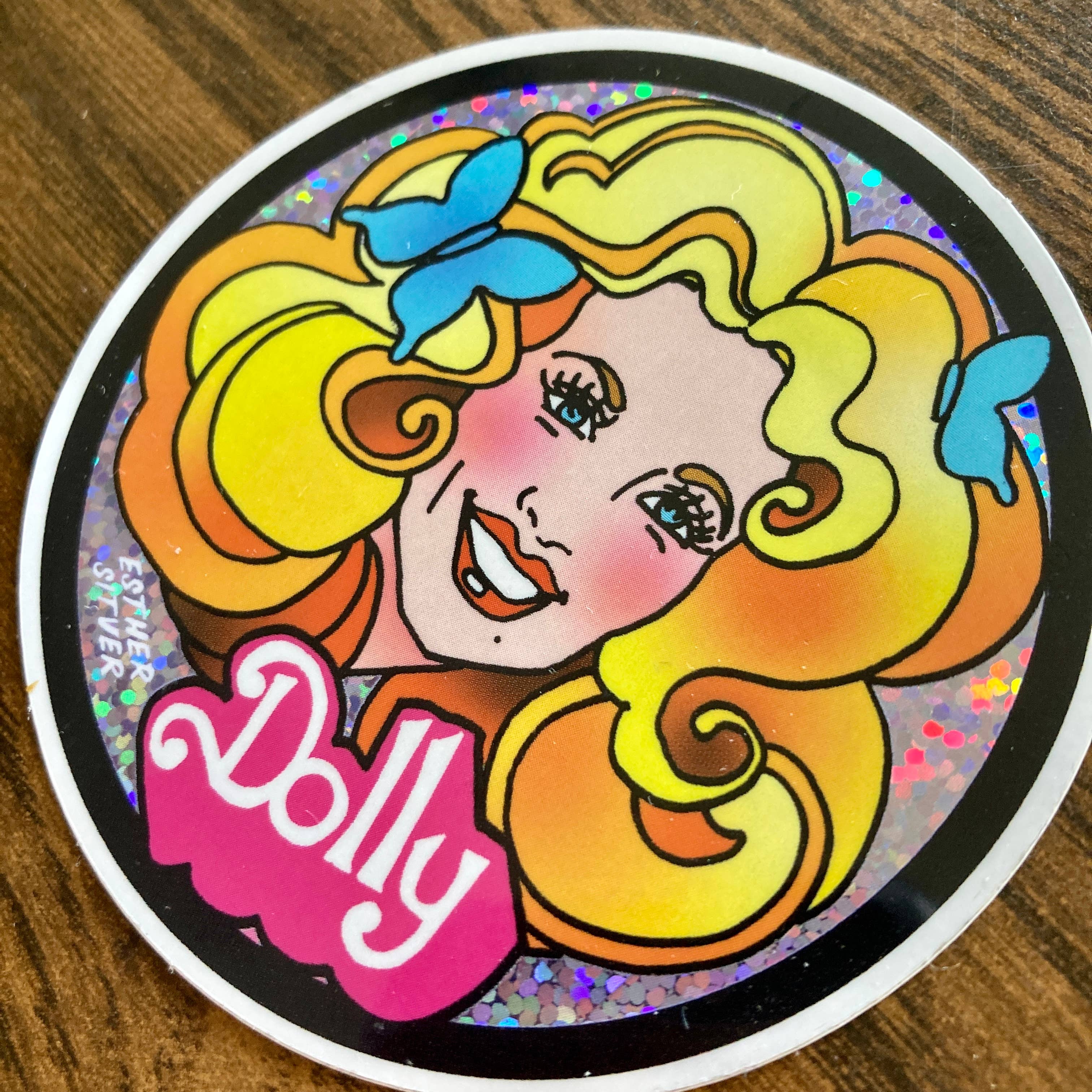 Esther Sketch - Venta al por mayor Pegatina - Pegatina con purpurina Barbie Dolly de Backwoods de 3 x 3 pulgadas3