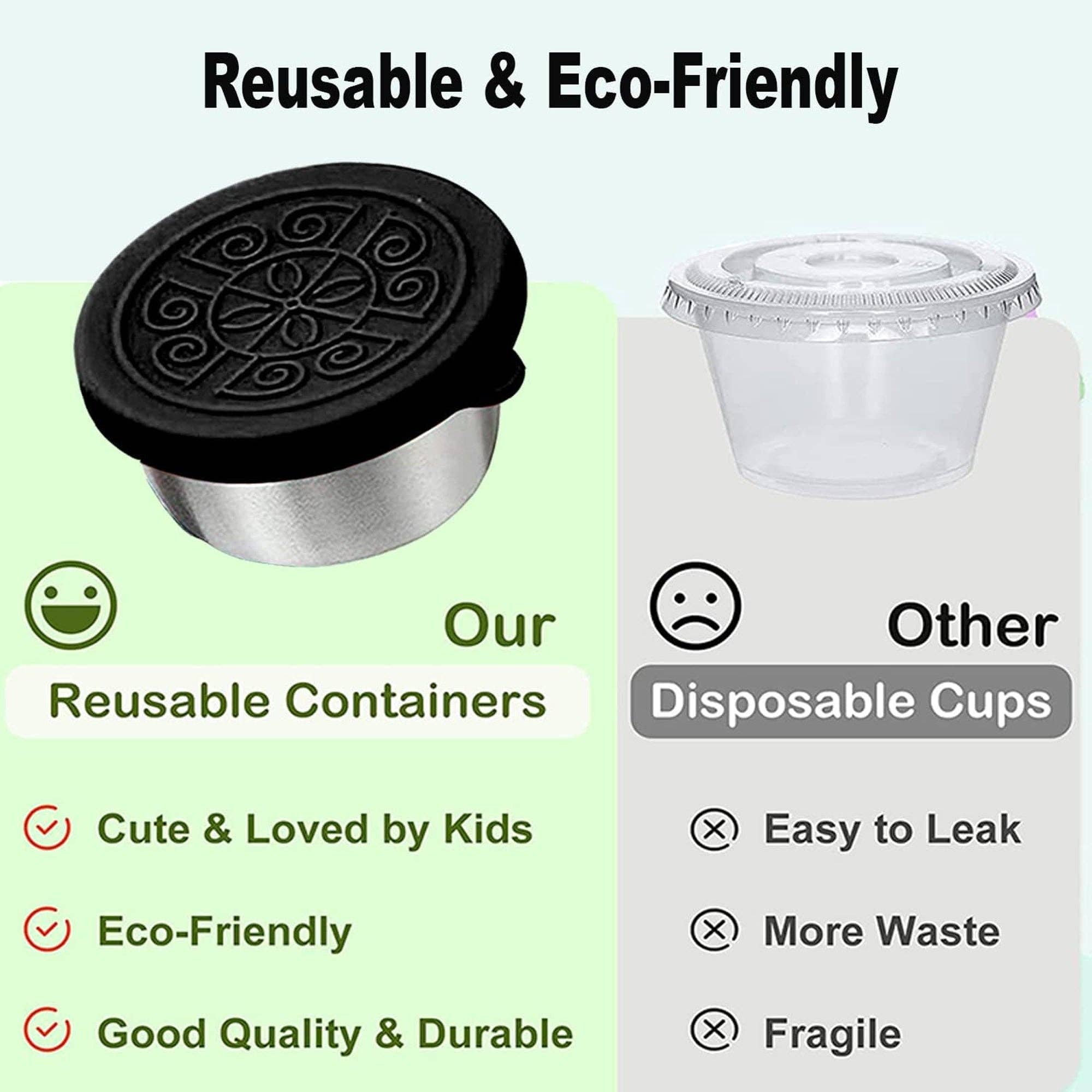 Vigor Path - Wholesale Voedselopslagcontainer - Set van 6 salade-dressingcontainers voor onderweg: kleine sauscontainers met deksels, herbruikbare roestvrijstalen sausbekers, lekvrije siliconen deksels voor bentobox, picknick en reizen (zwart - 70 ml)4