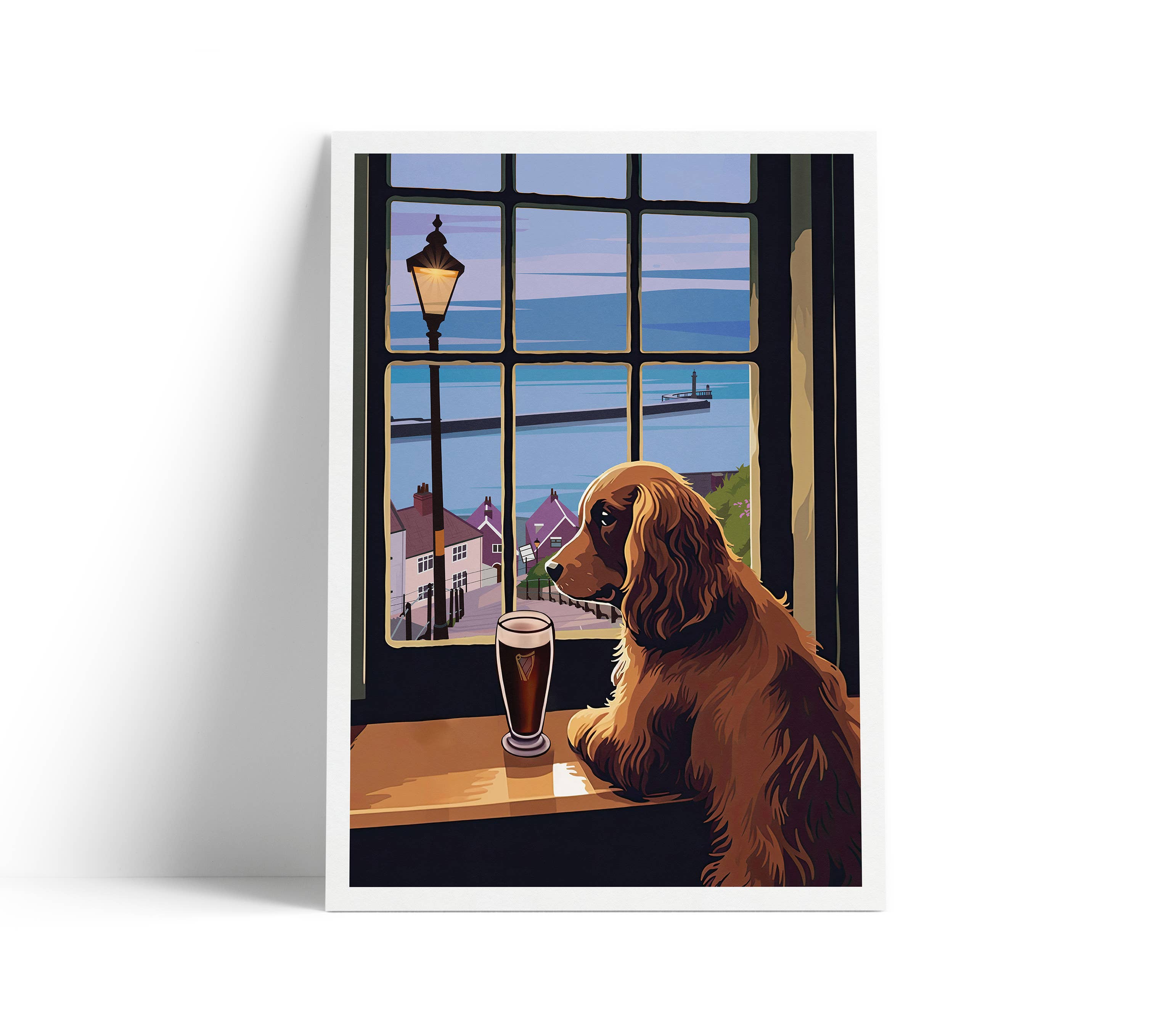 Printagonist – wholesale Art print – Whitby Travel Poster featuring Cocker Spaniel and 199 steps0